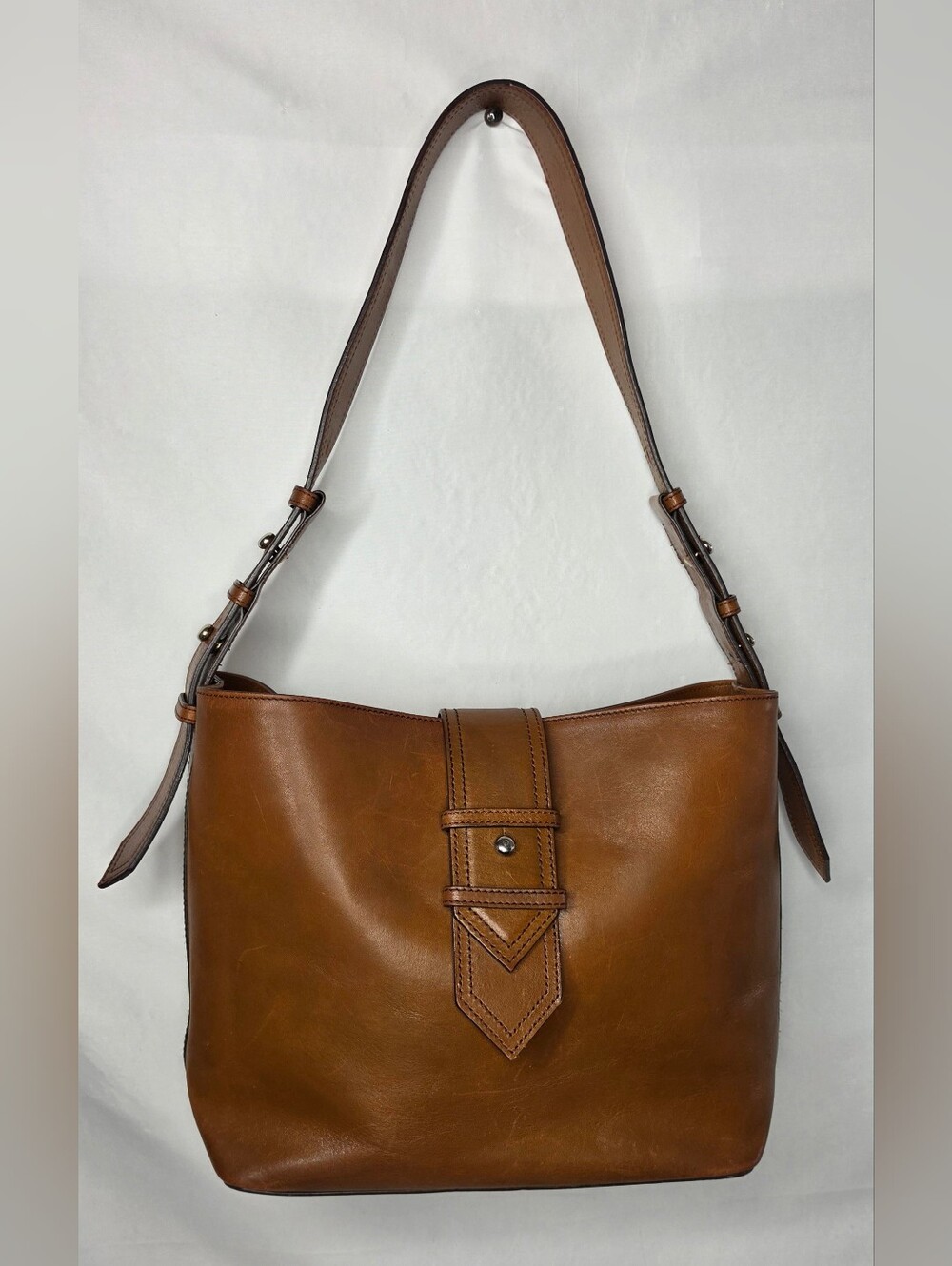 Massimo Dutti Brown Leather Shoulder Bag Belted Hobo Tote Purse Minimalist Spain
